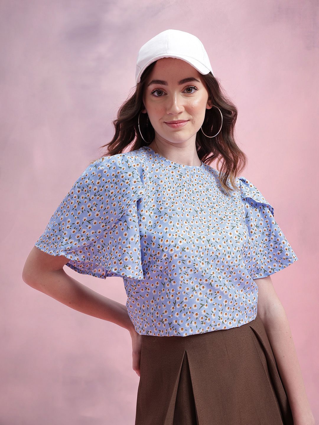 DressBerry Floral Print Tulip-Style Flared Sleeves Top