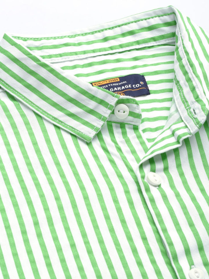 The Indian Garage Co Men Green Comfort Striped Cotton Casual Shirt