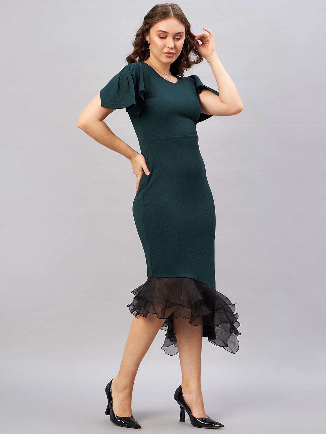 Antheaa Green Flared Sleeve Ruffled Bodycon Midi Dress
