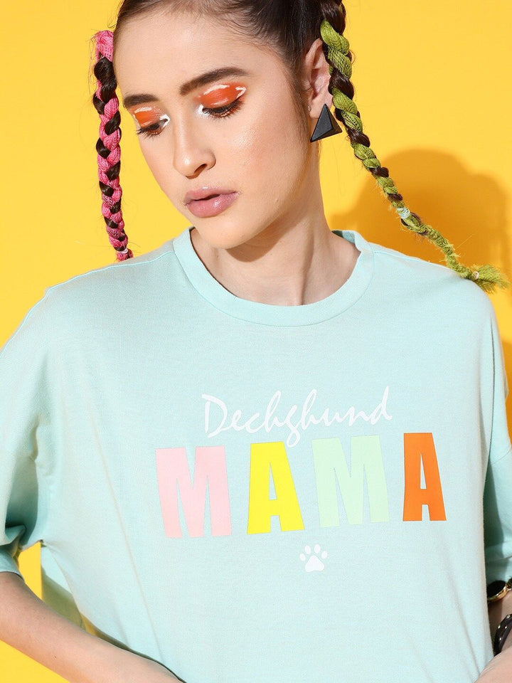 STREET 9 Women Sea Green Printed Pure Cotton Drop-Shoulder Sleeves Bio Finish Boxy T-shirt