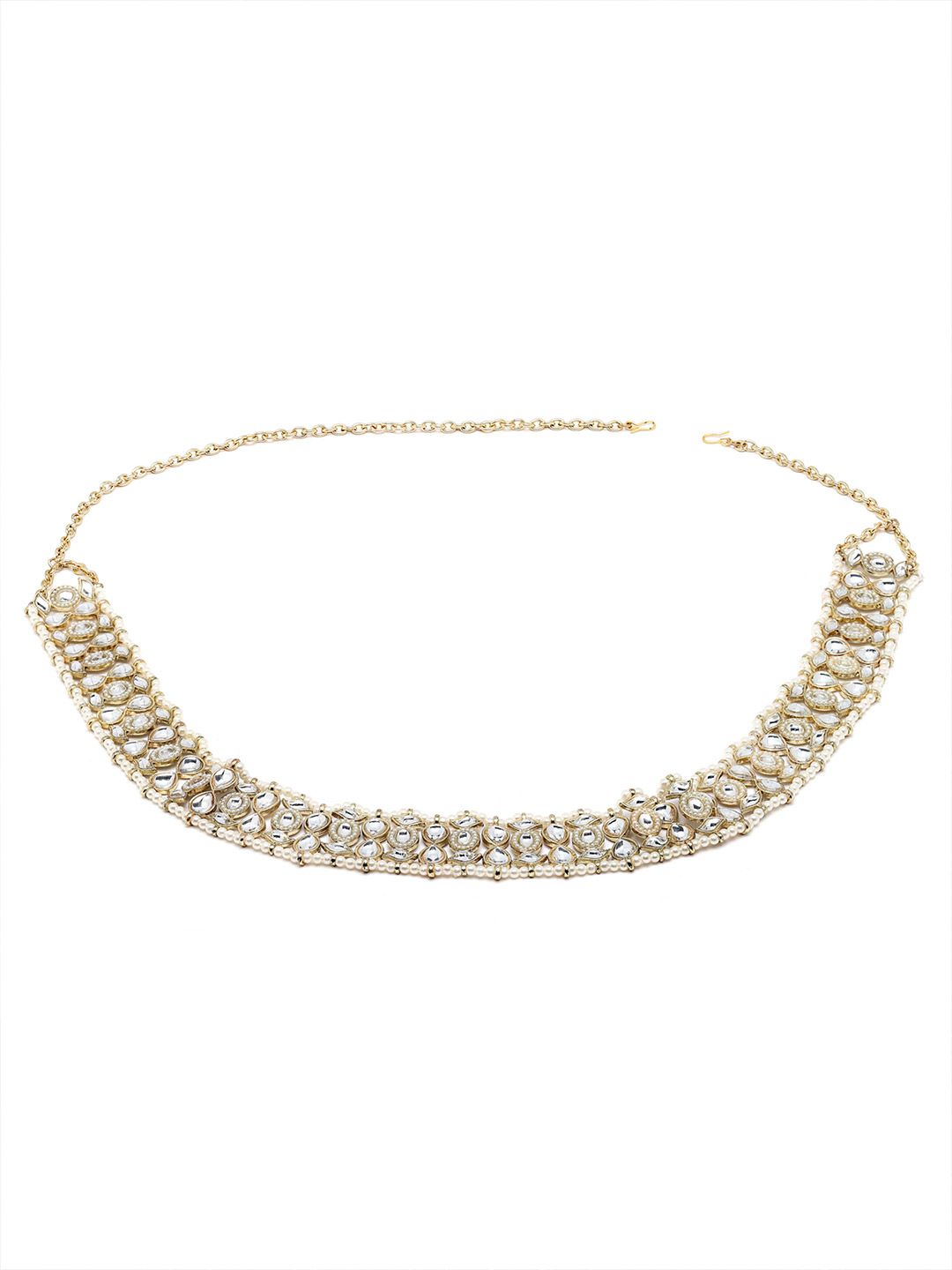 Karatcart Gold-Plated White Kundan-Studded & Pearl Beaded Waist Chain