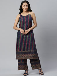 AURELIA Women Blue Printed Pleated Kurta with Palazzos