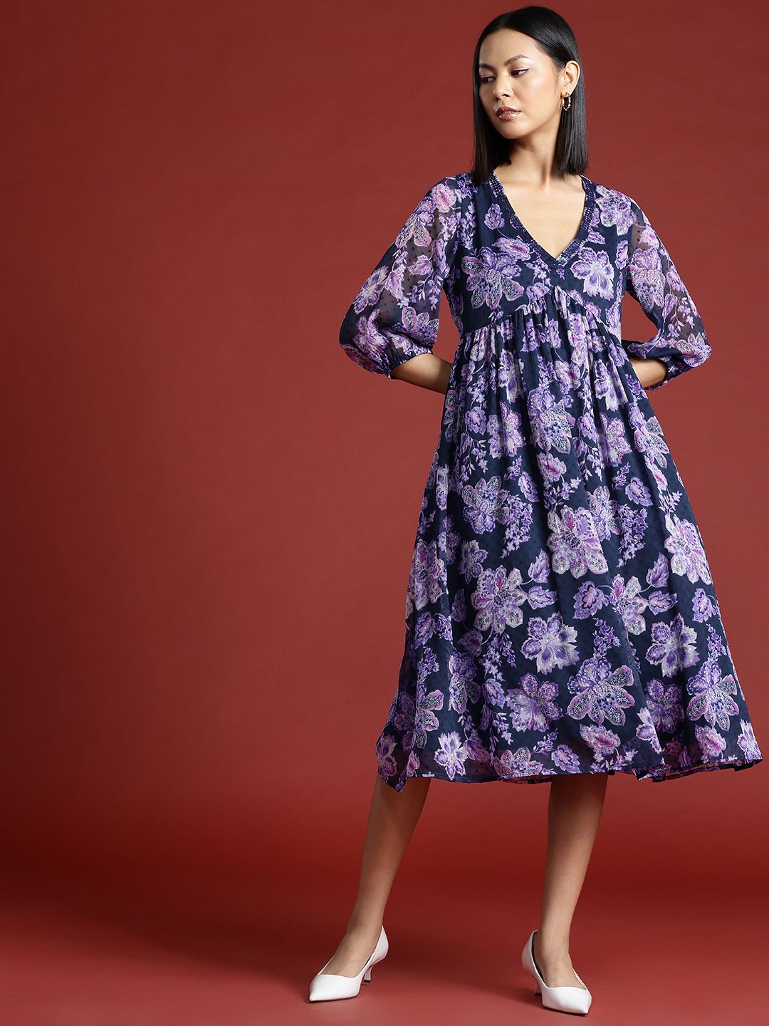 all about you Floral Print Puff Sleeve Dobby Empire Midi Dress
