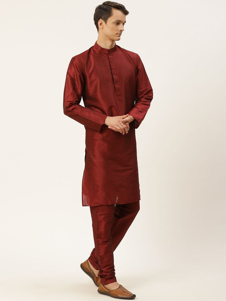 SOJANYA Men Maroon & Black Solid Kurta with Churidar & Ethnic Jacket
