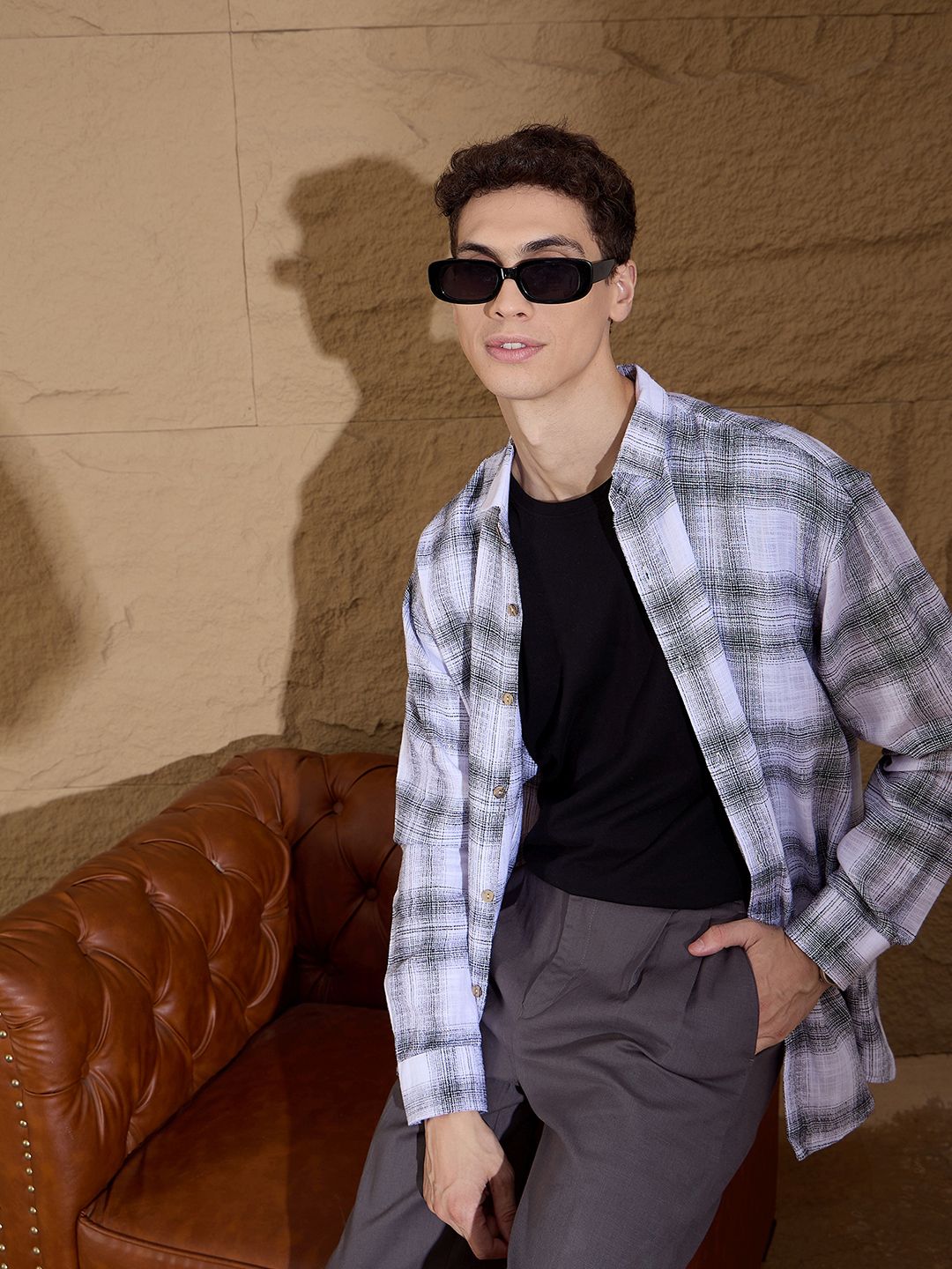 DENNISON Men Tartan Checked Drop shoulder Pure Cotton Oversized Shirt