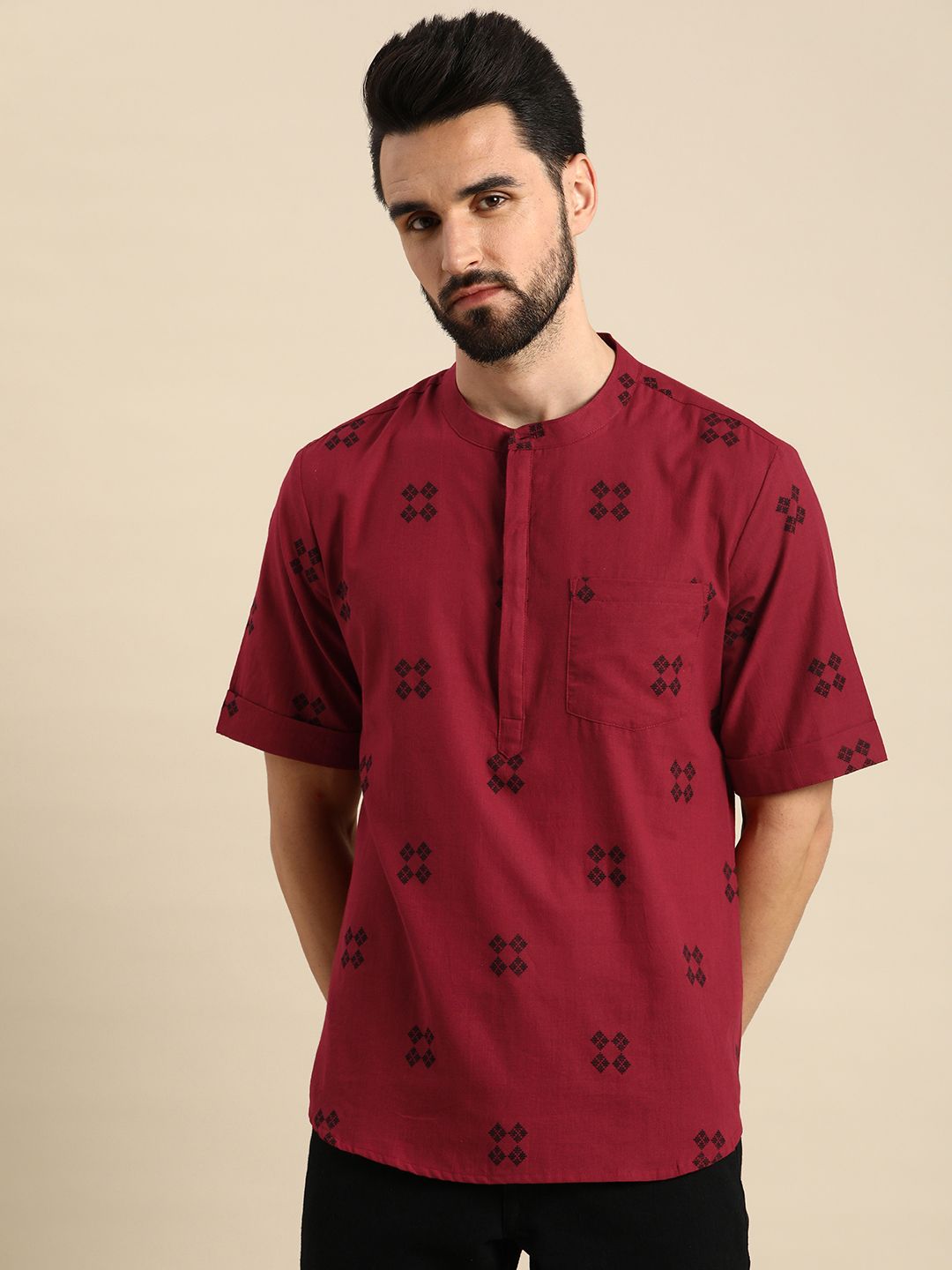 Anouk Men Red & Black Geometric Printed Short Kurta