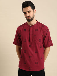 Anouk Men Red & Black Geometric Printed Short Kurta