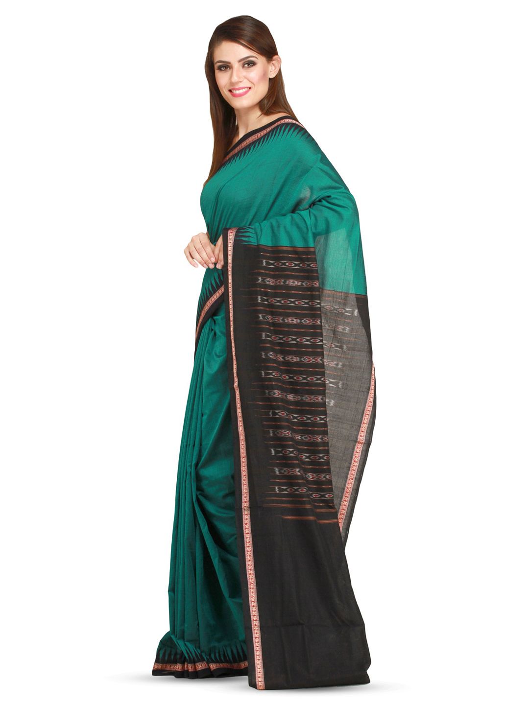 Exotic India Green & Black Temple Border Sambhalpuri Saree with Ikat Weave Pallu