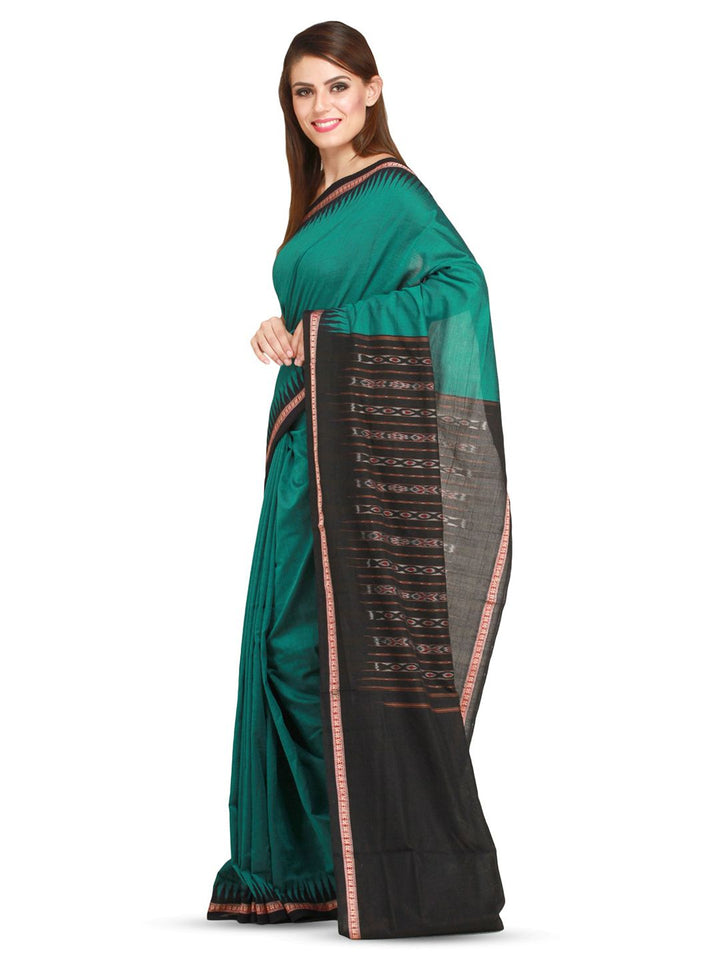 Exotic India Green & Black Temple Border Sambhalpuri Saree with Ikat Weave Pallu