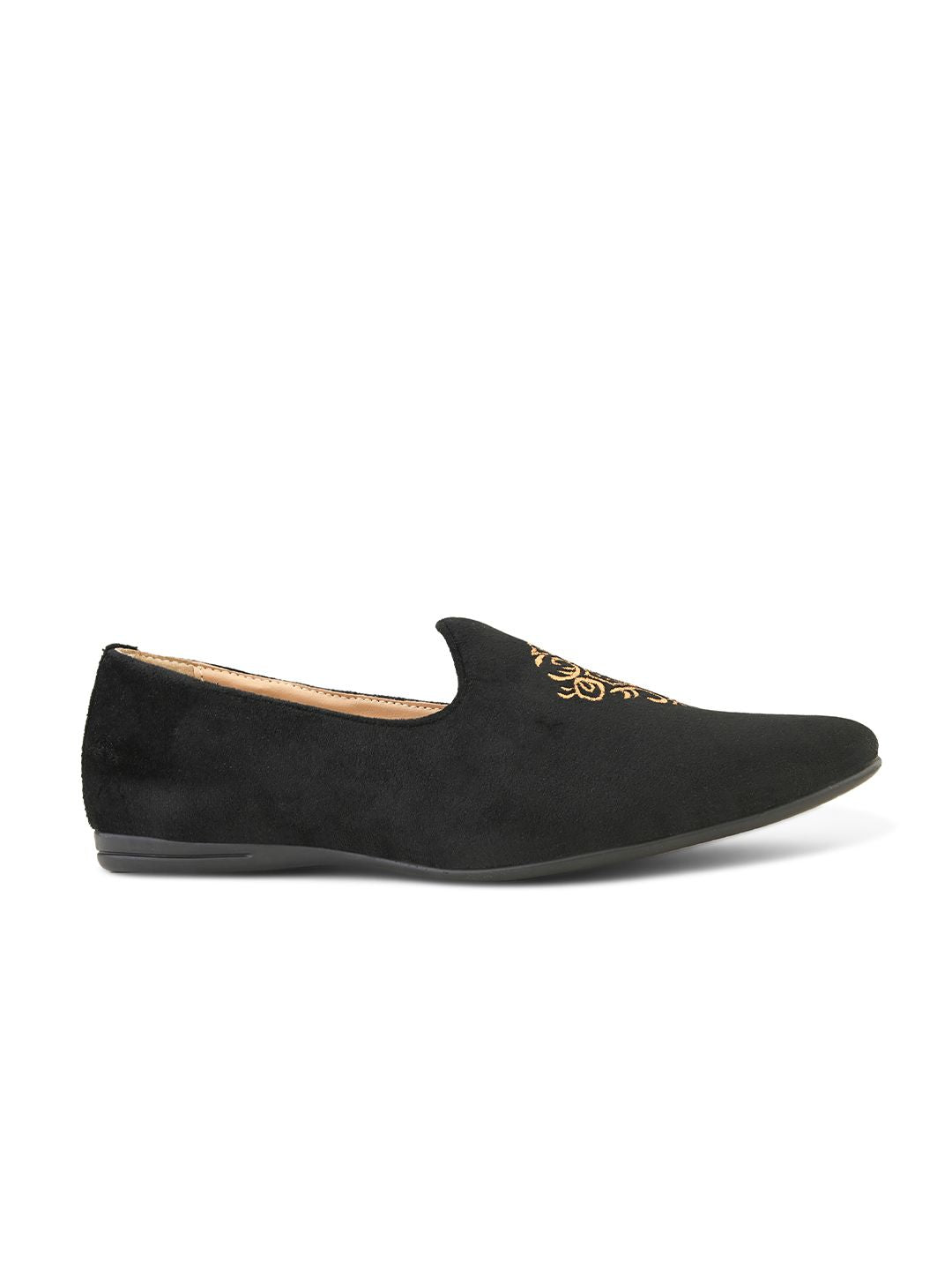House of Pataudi Men Black & Beige Woven Design Handcrafted Slip-Ons