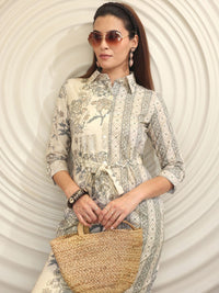 Libas Floral Printed Bell Straight Shirt Midi Dress With Waist Belt