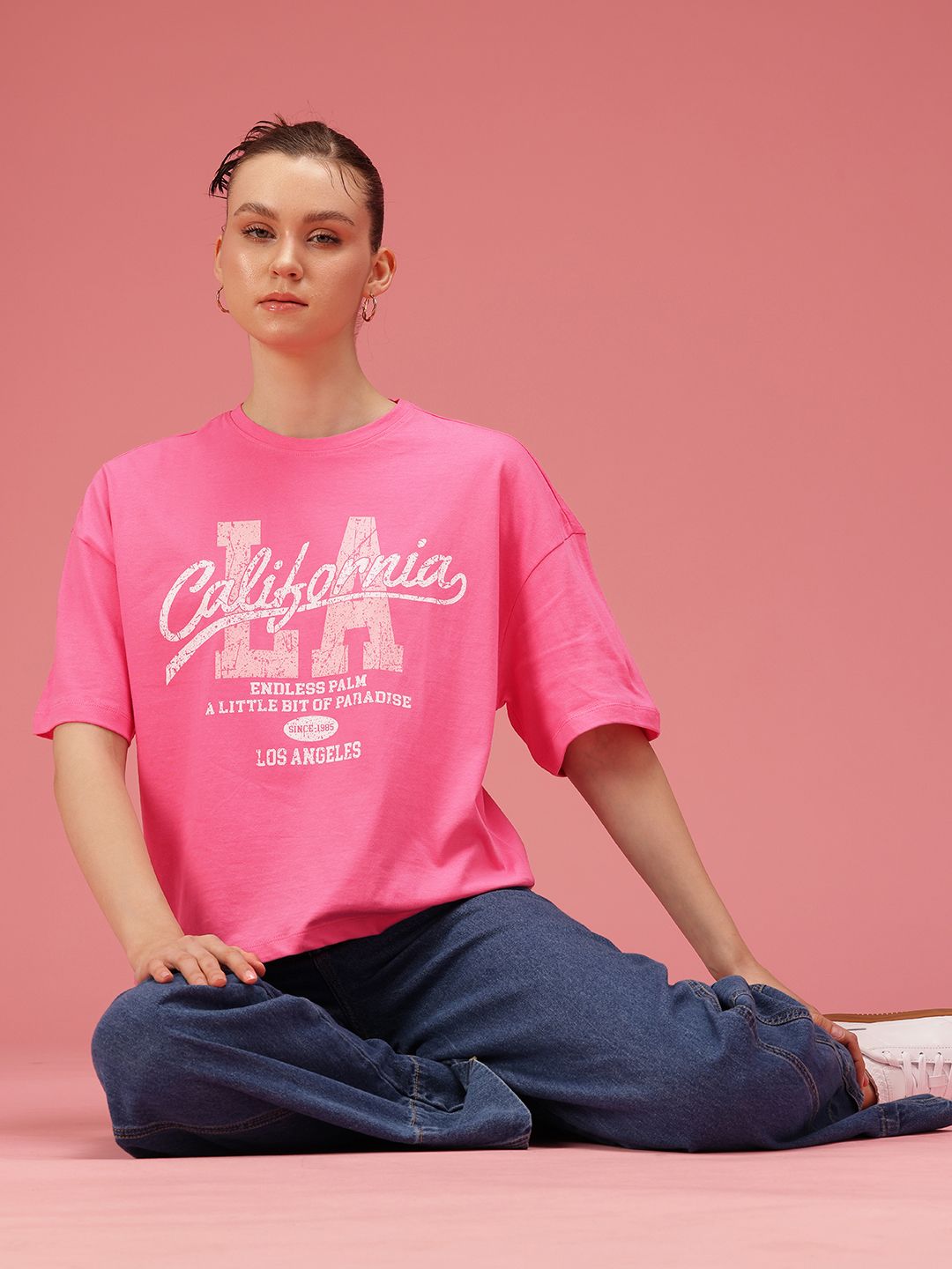 DressBerry Typography Printed Drop-Shoulder Sleeves Relaxed Fit Pure Cotton T-shirt