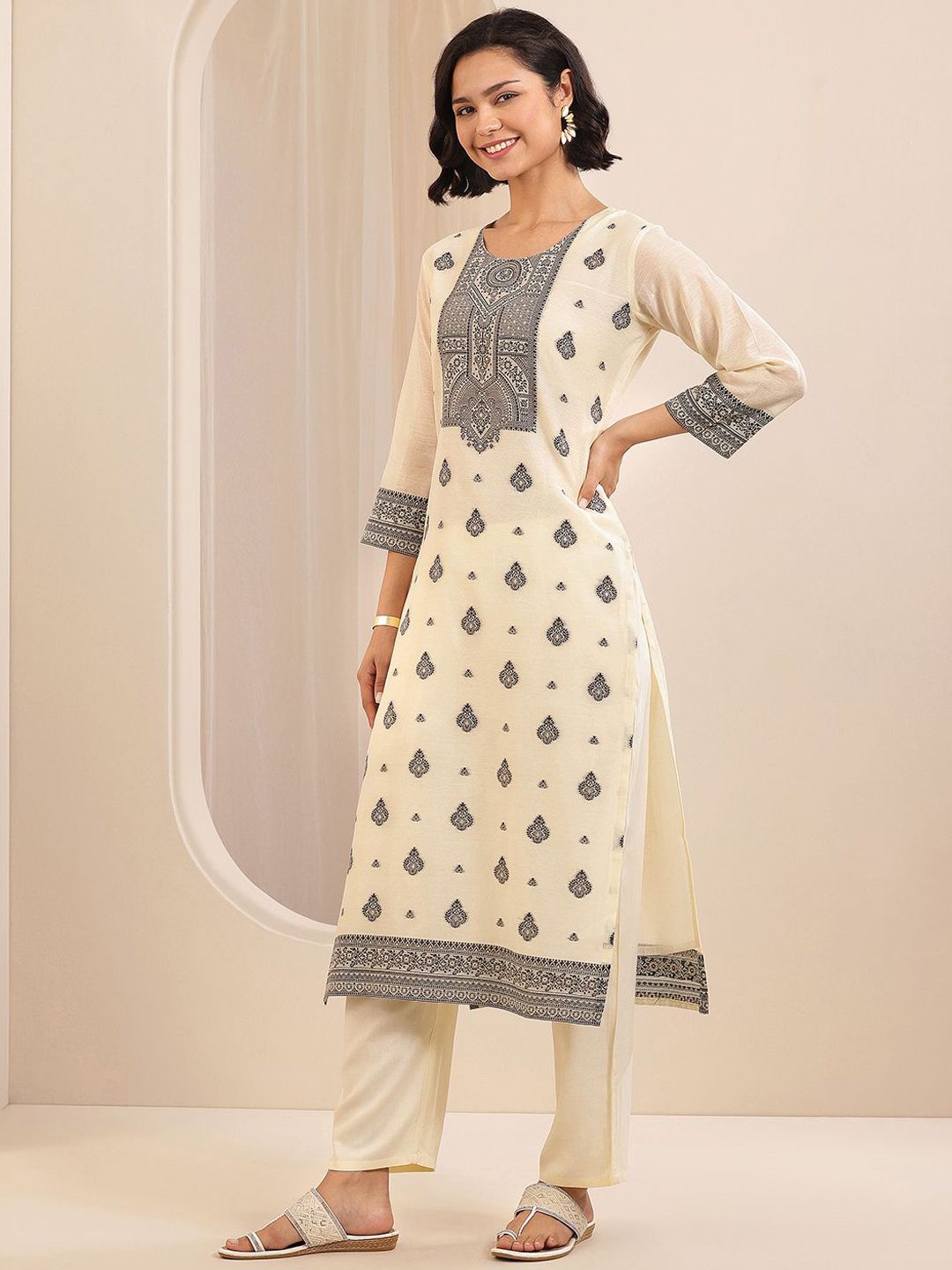 Libas Women Regular Chanderi Silk Kurta with Trousers & With Dupatta