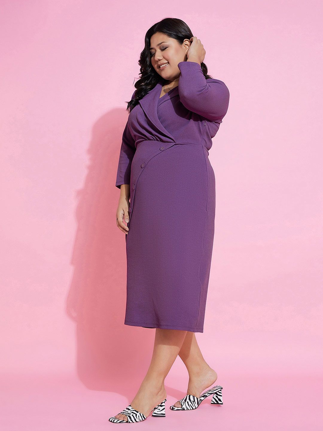 SASSAFRAS Curve Plus Size Shirt Collar Wrap Midi Dress