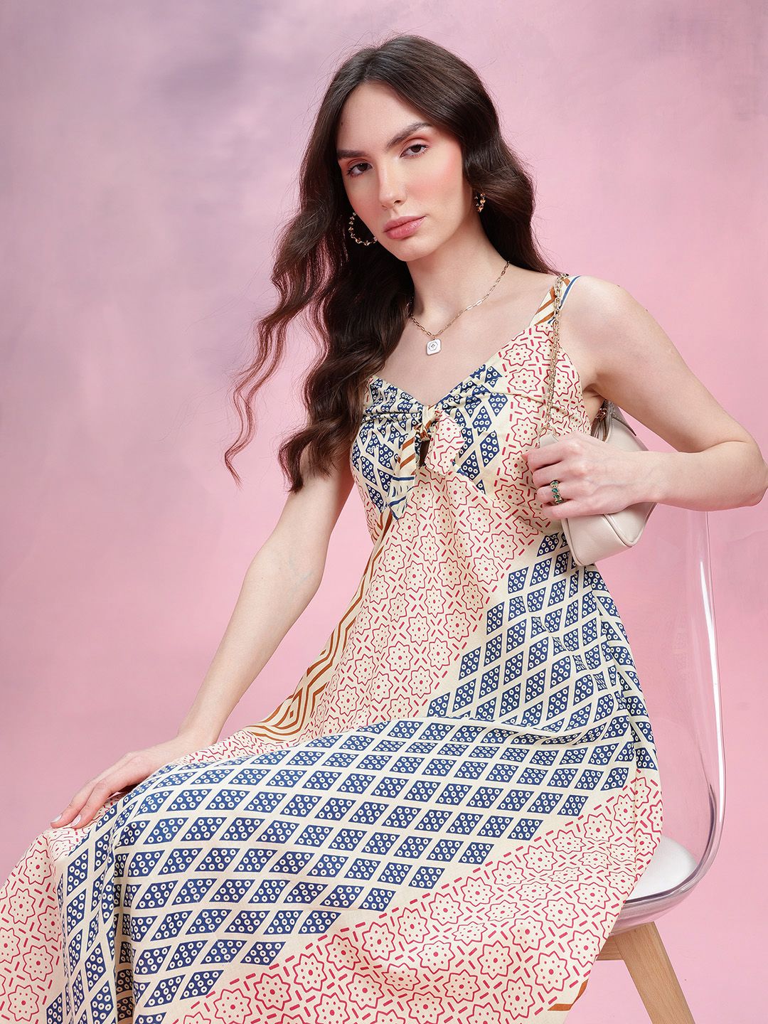DressBerry Print Knot Detail Pure Cotton A-Line Midi Dress
