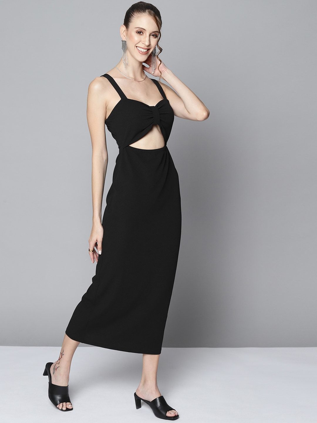 SASSAFRAS Women Black Textured Sheath Midi Dress