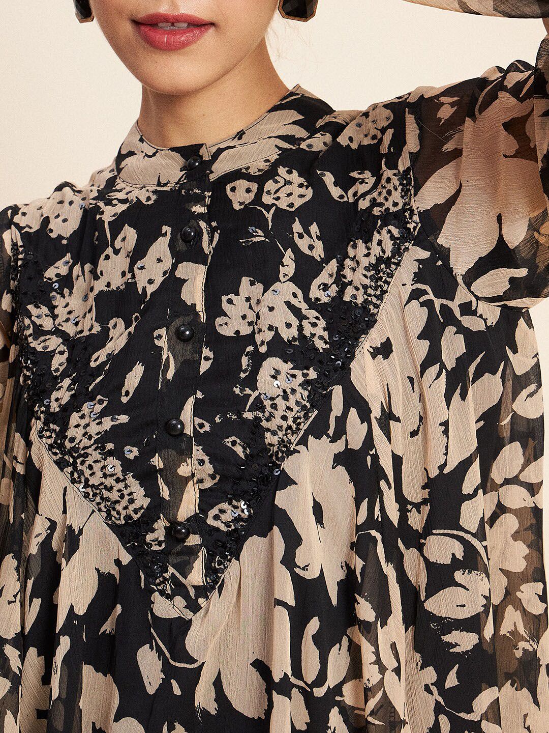 Antheaa Black Printed Embellished Top & Trousers