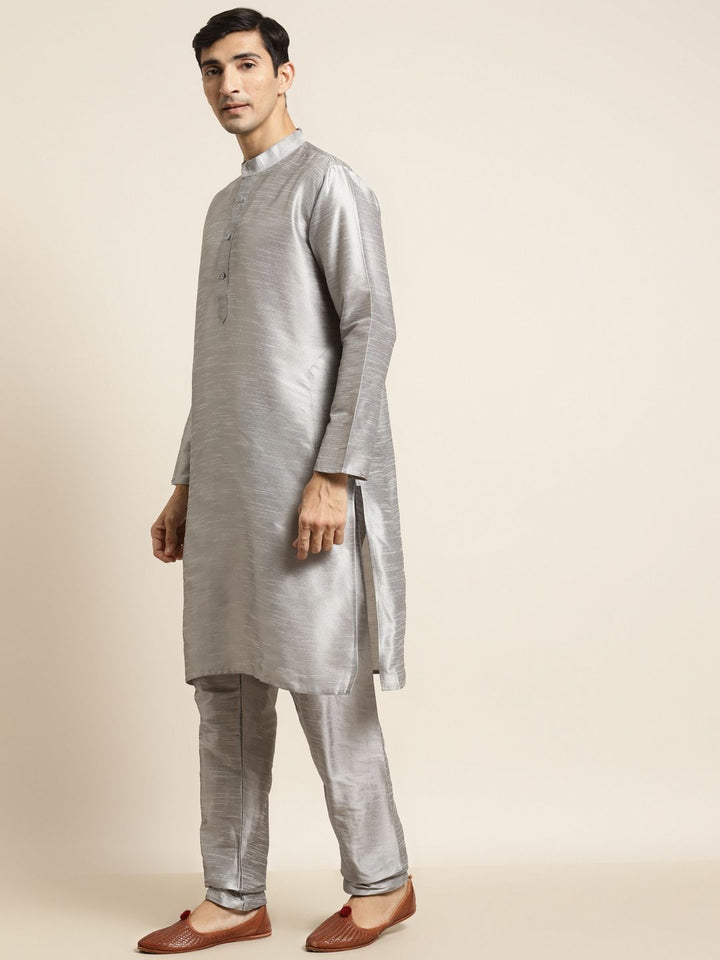 SOJANYA Men Grey & Mustard Yellow Kurta with Pyjamas & Woven Design Nehru Jacket