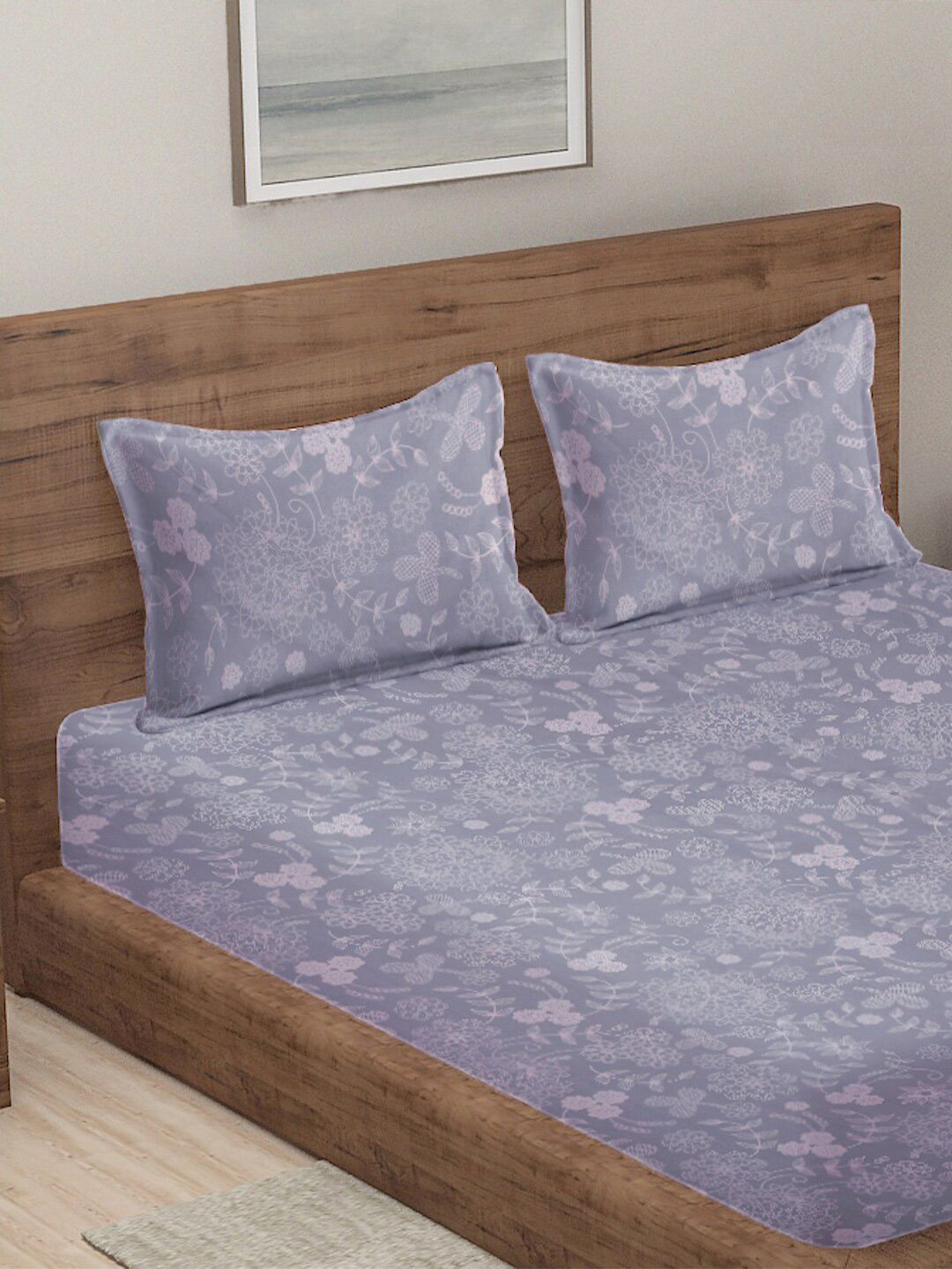 KLOTTHE Grey Floral Cotton 300 TC Fitted King Fine Bedsheet dengan 2 Sarung Bantal-98 x 87 inci