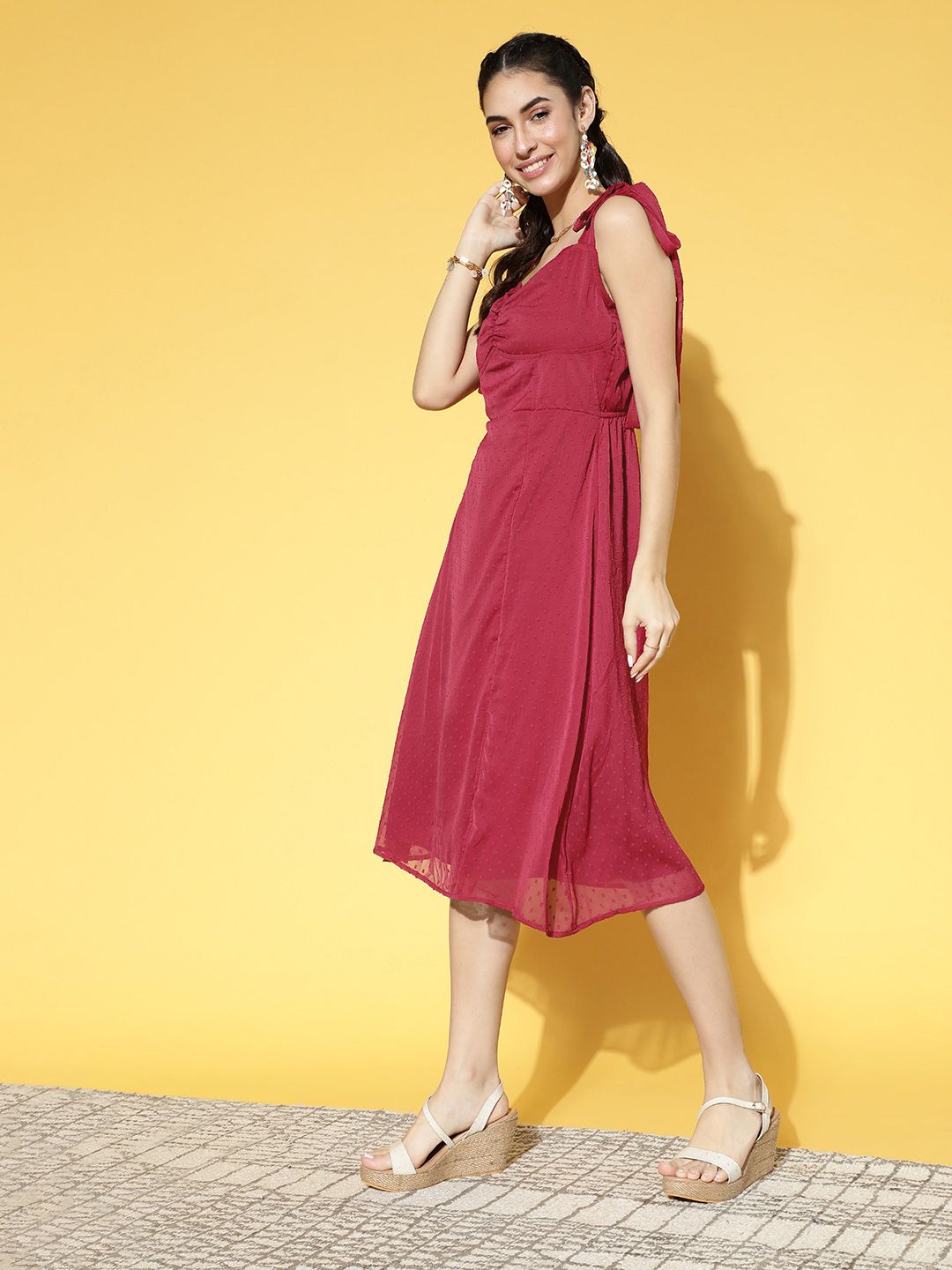 Athena Women Deep Burgundy Self-Design Volume Play Dress