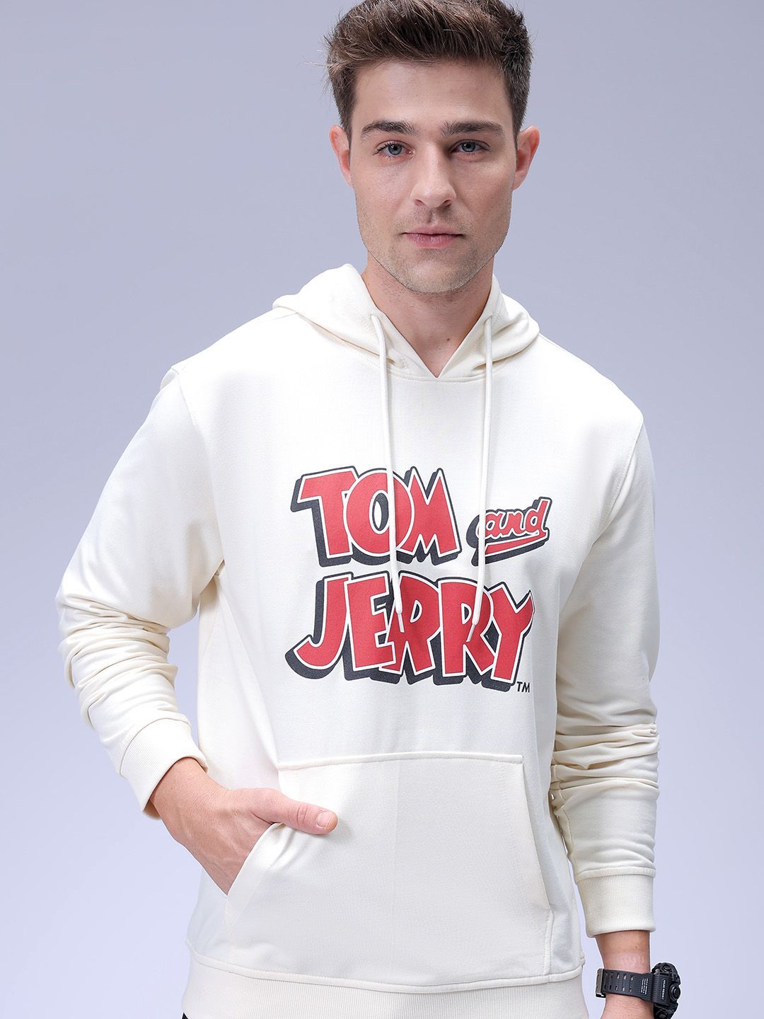 The Indian Garage Co Men Regular Fit Tom & Jerry Printed Overhead Hooded Sweatshirt