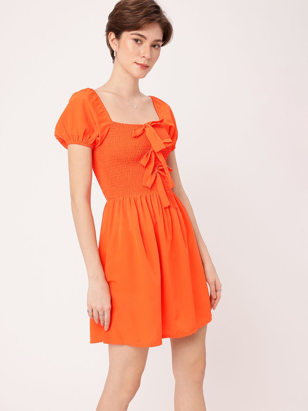 DressBerry Dreamy Drapes Smocked & Bow Detailed A-Line Mini Dress