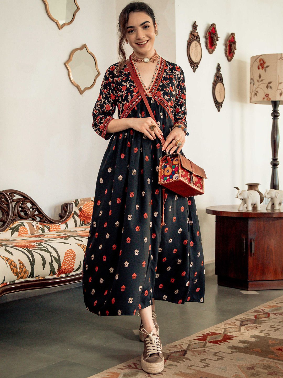Rustorange Black & Orange Ethnic Motifs Printed Maxi Dress