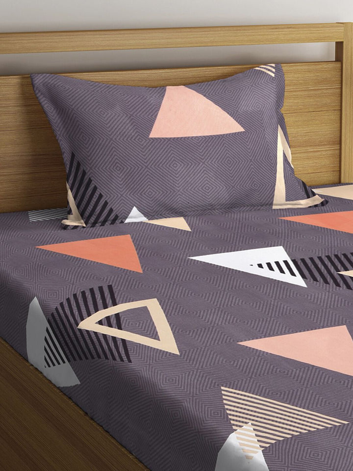 KLOTTHE Grey Geometric 300 TC Cotton Blend Elasticated Single Bedsheet with Pillow Cover