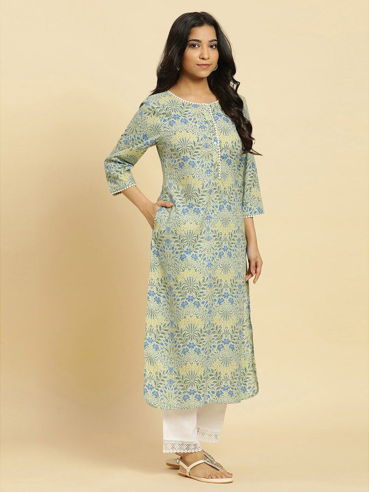W Green Floral Printed Keyhole Neck Gotta Patti Cotton A-Line Kurta