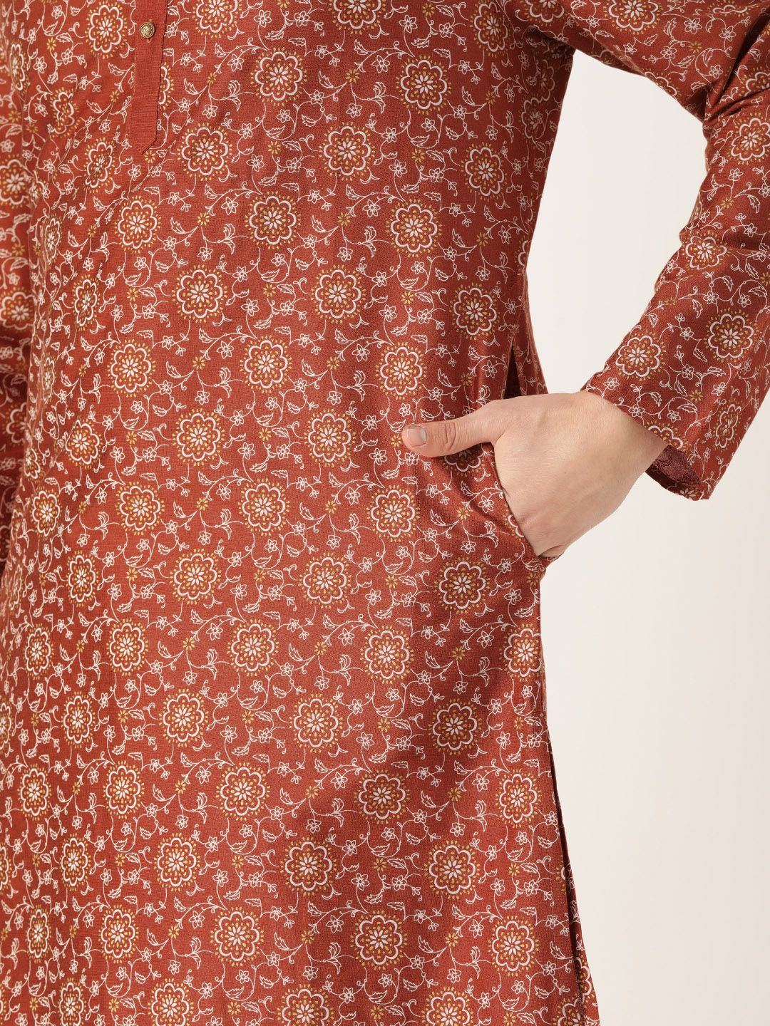 House of Pataudi Men Rust Red & White Printed Straight Kurta