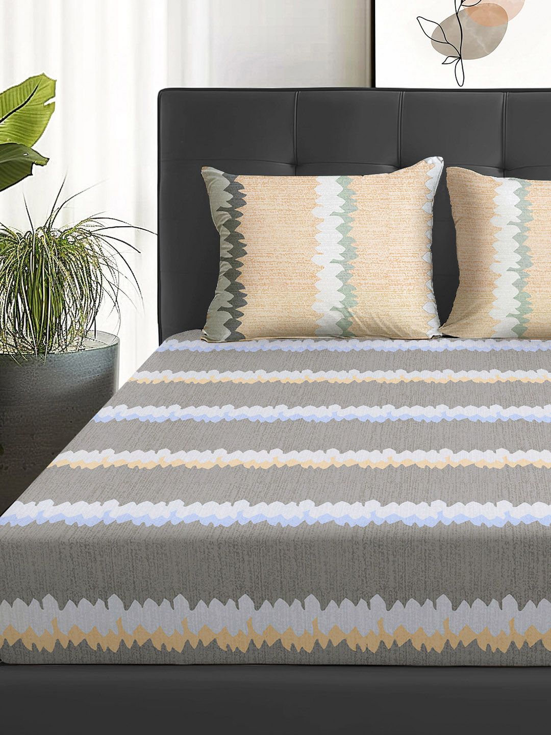 Story@home Grey & Peach-Coloured Striped 180 TC Queen Bedsheet With 2 Pillow Covers