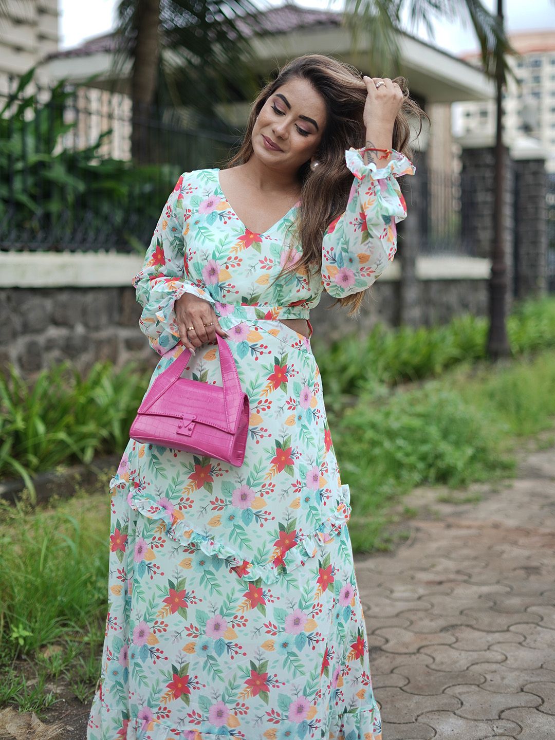 STREET 9 Green Floral Georgette Maxi Dress