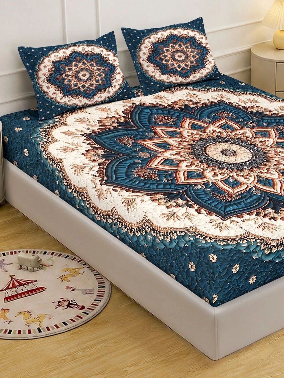 KLOTTHE Blue Floral 400 TC King Bedsheet with 2 Pillow Covers