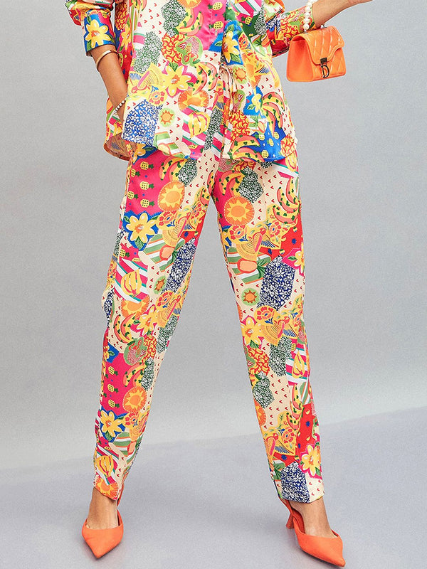 SASSAFRAS Yellow Women Floral Printed Straight Fit Trousers