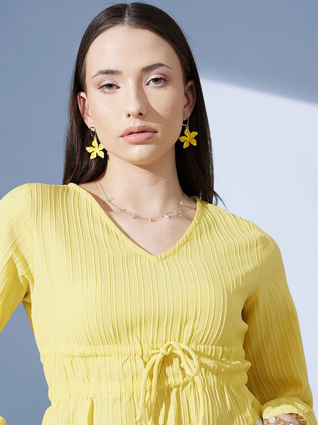STREET 9 Pure Cotton Yellow Striped Bell Sleeves Cinched Waist Crop Top