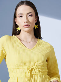 STREET 9 Pure Cotton Yellow Striped Bell Sleeves Cinched Waist Crop Top