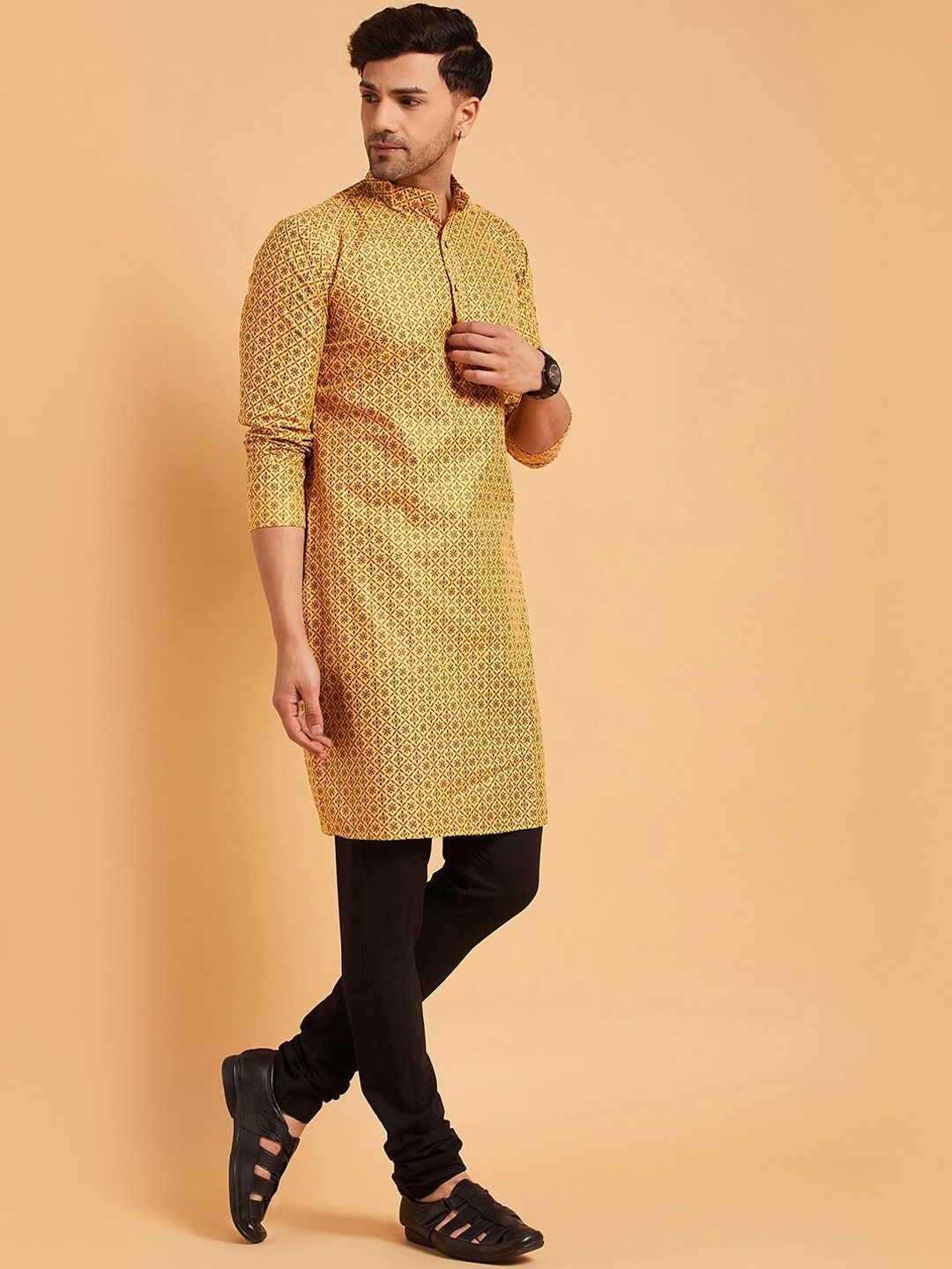 SOJANYA Mandarin Collar Ethnic Motifs Printed Cotton Linen Kurta