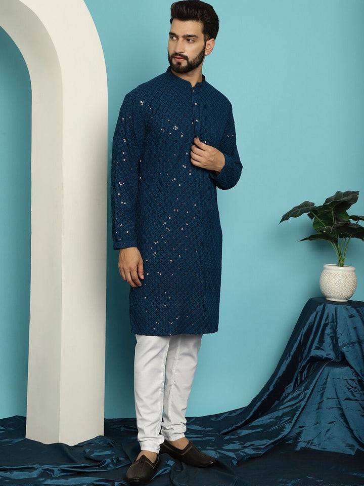 SOJANYA Geometric Embroidered Mandarin Collar Long Sleeves Pure Cotton Kurta With Churidar