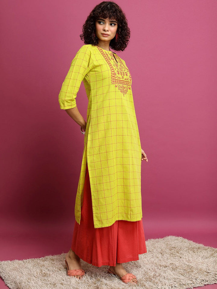 Vishudh Lime Green Checked Thread Work Detailed Cotton Straight Kurta