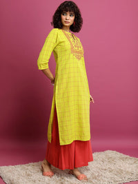 Vishudh Lime Green Checked Thread Work Detailed Cotton Straight Kurta