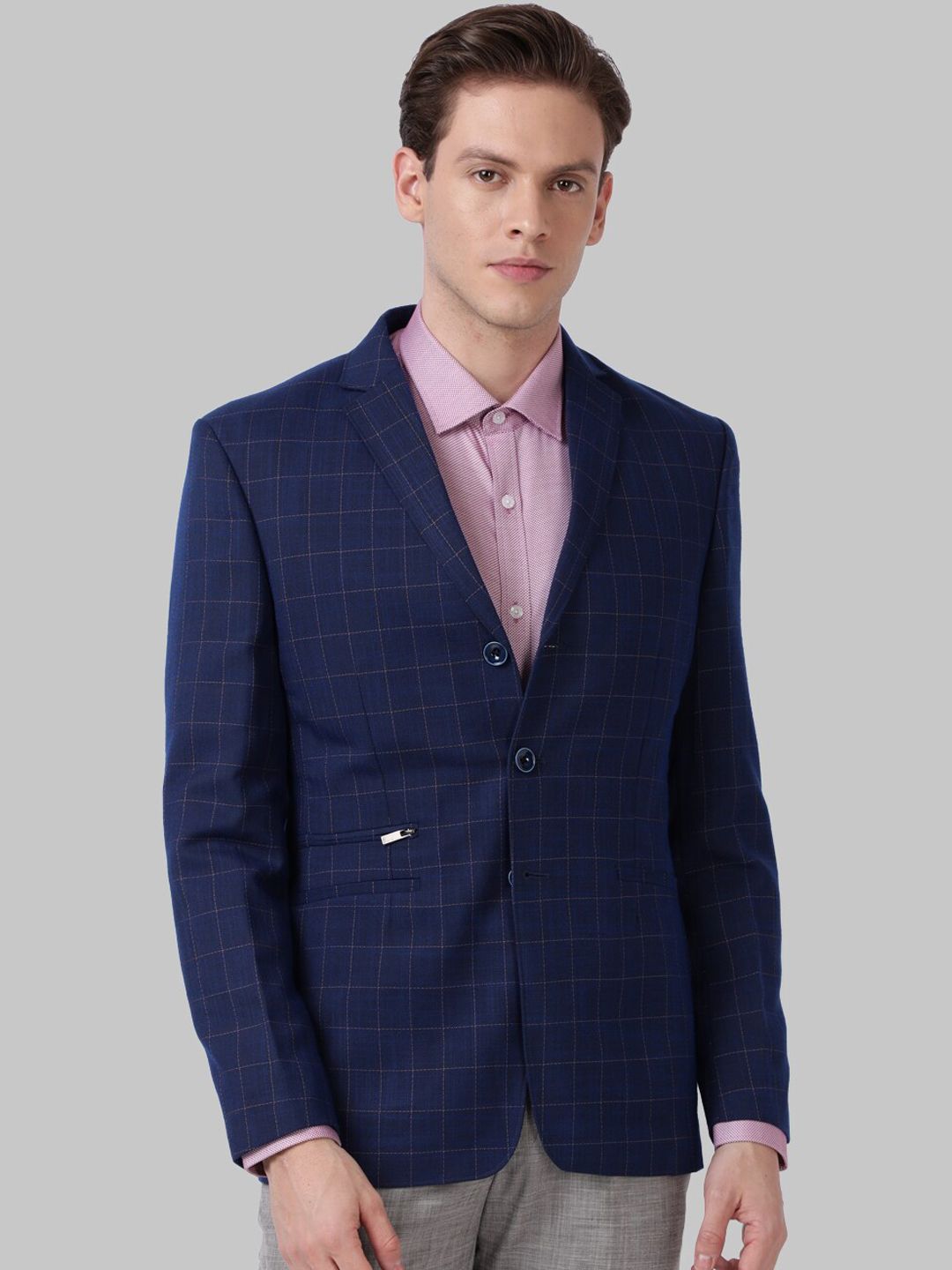 Park Avenue Men Navy Blue Checked Super Slim-Fit Single-Breasted Formal Blazer