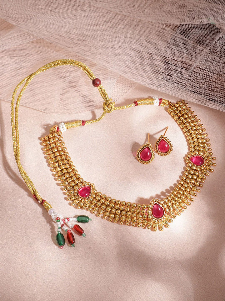 Rubans 22kt Gold Plated Ruby Stone Dipadam Set Perhiasan Tembaga Tradisional Manik Emas