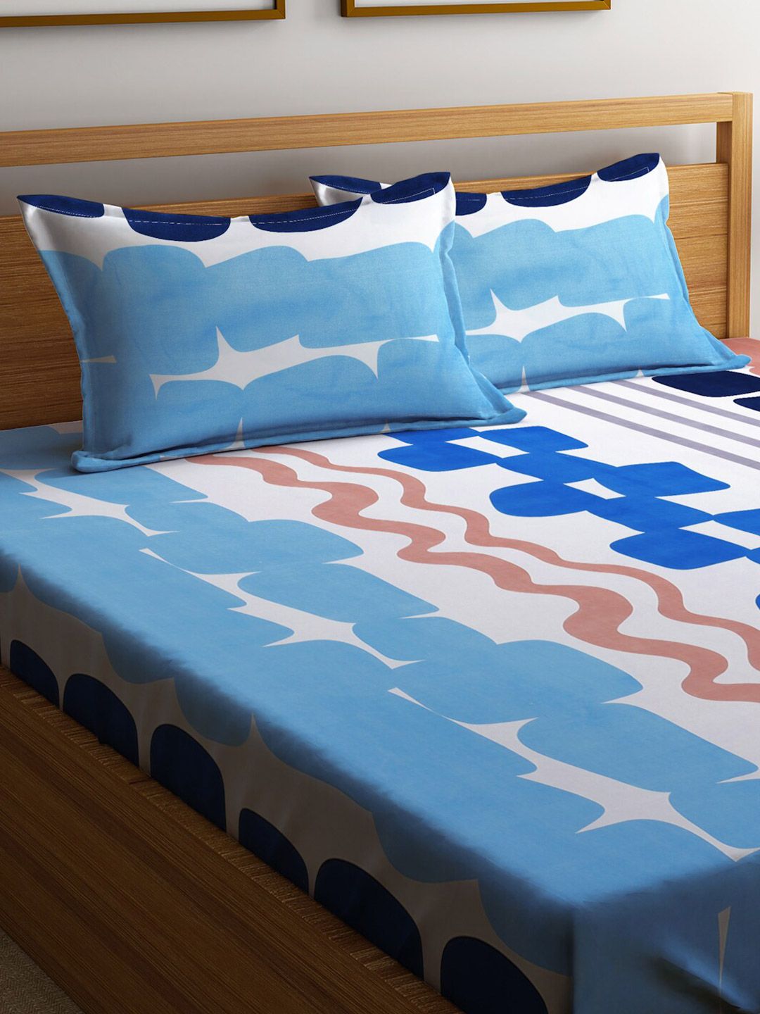 KLOTTHE Navy Blue Abstract Polycotton 300 TC King Fine Bedsheet with 2 Pillow Covers-96 x 89 inches