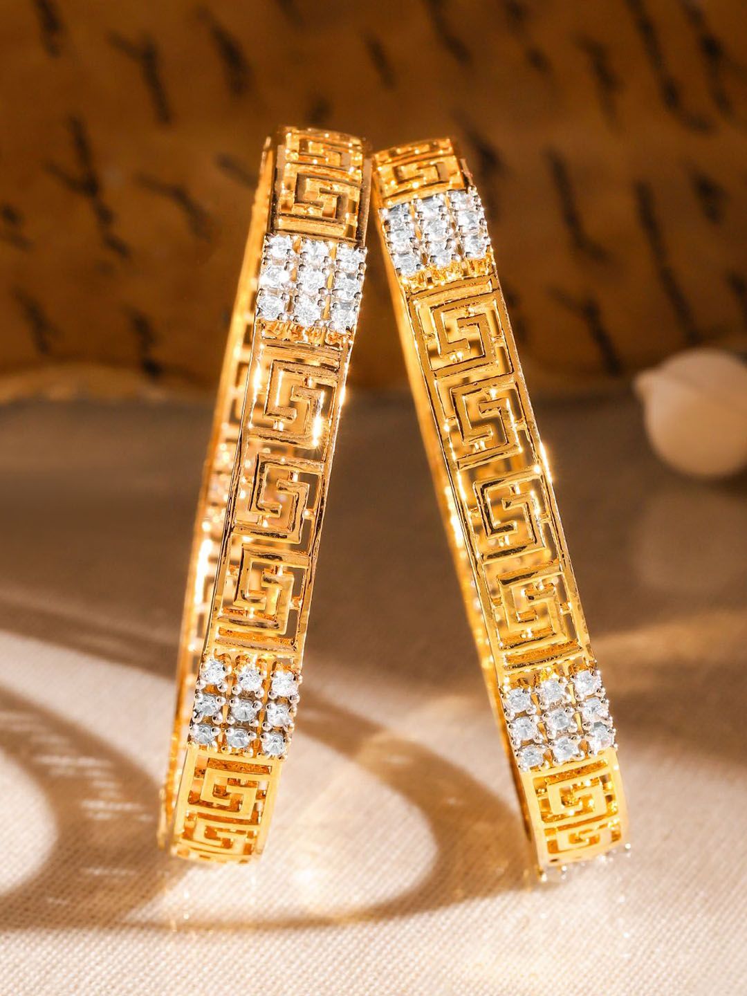 Rubans Set of 2 22K Gold-Plated Greek Key Design & Cubic Zirconia Handcrafted Bangles