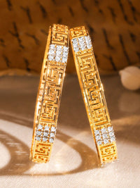 Rubans Set of 2 22K Gold-Plated Greek Key Design & Cubic Zirconia Handcrafted Bangles
