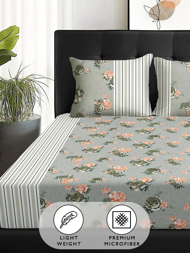 Story@home Arena Grey & Pink Floral Printed 180 TC Queen Bedsheet & 2 Pillow Covers
