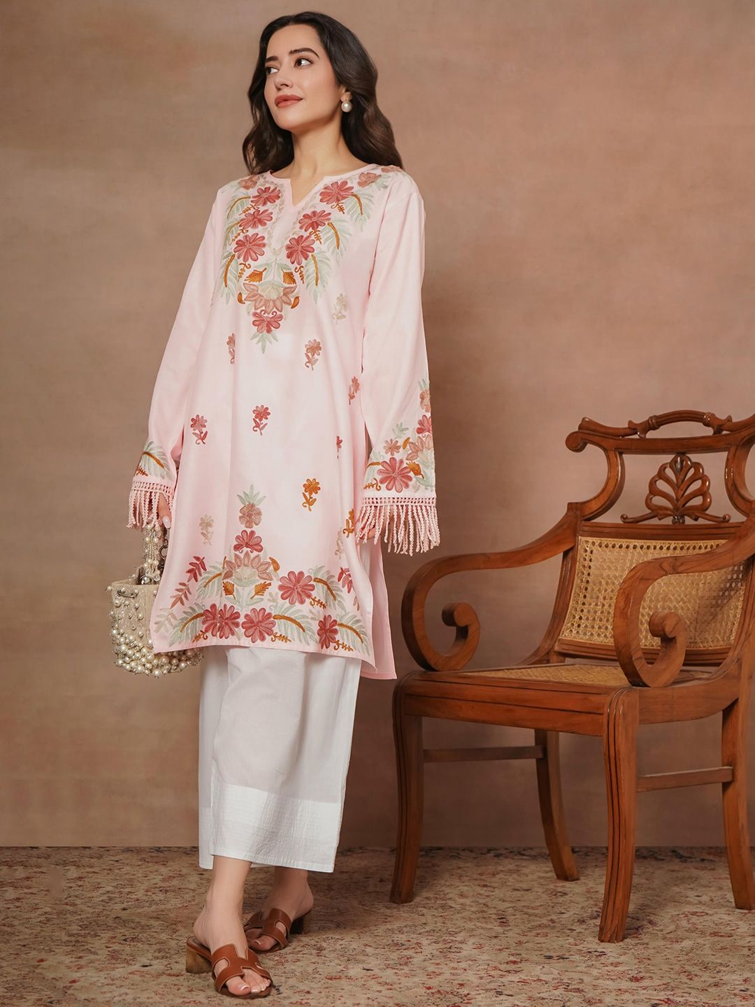 HOUSE OF KARI Floral Printed Thread Work Cotton Straight Kurta