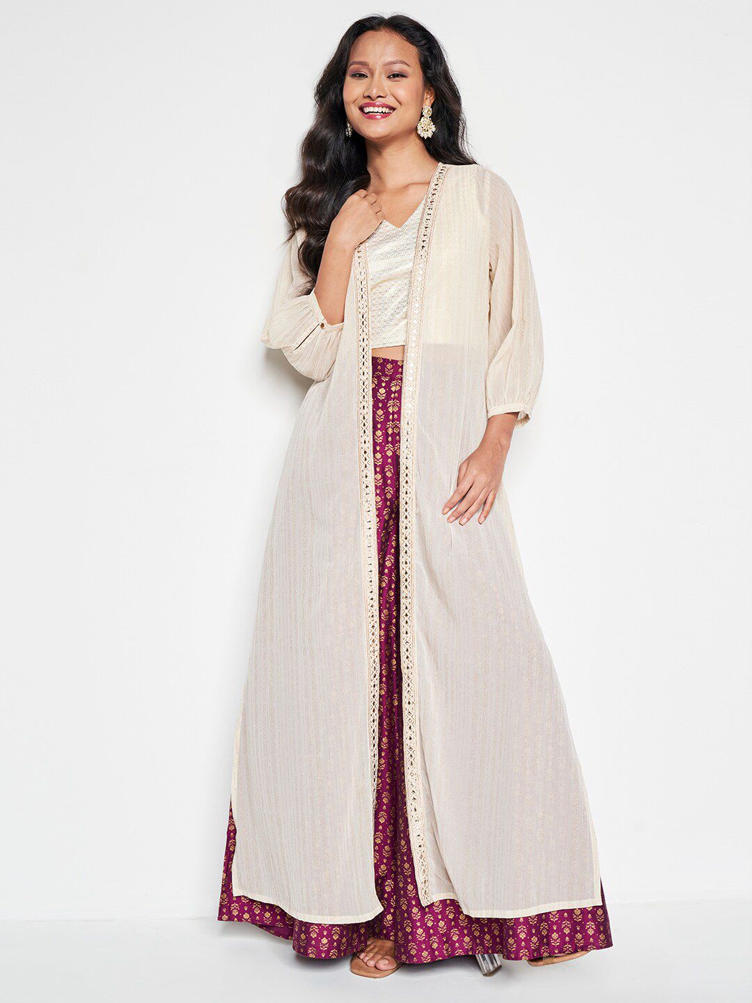 Global Desi Embellished Longline Open Front Shrug