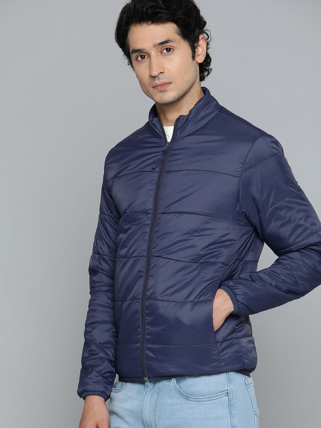 ether Men Navy Blue Solid Padded Jacket