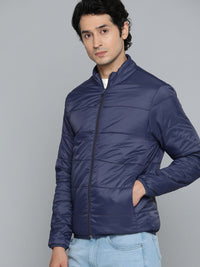 ether Men Navy Blue Solid Padded Jacket